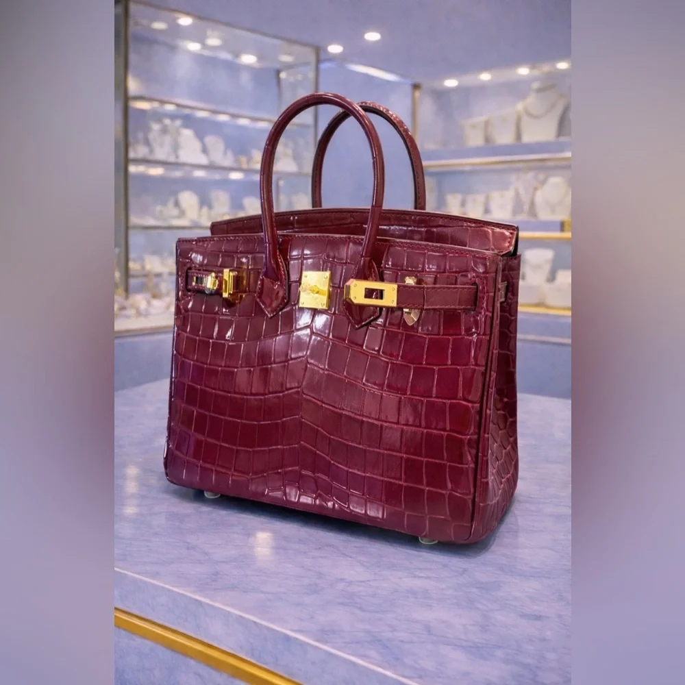 Croc-Embossed Satchel Bag in Deep Burgundy with Gold Hardware 25CM **New**
